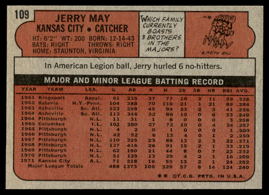 1972 Topps Baseball #109 - Jerry May - NM
