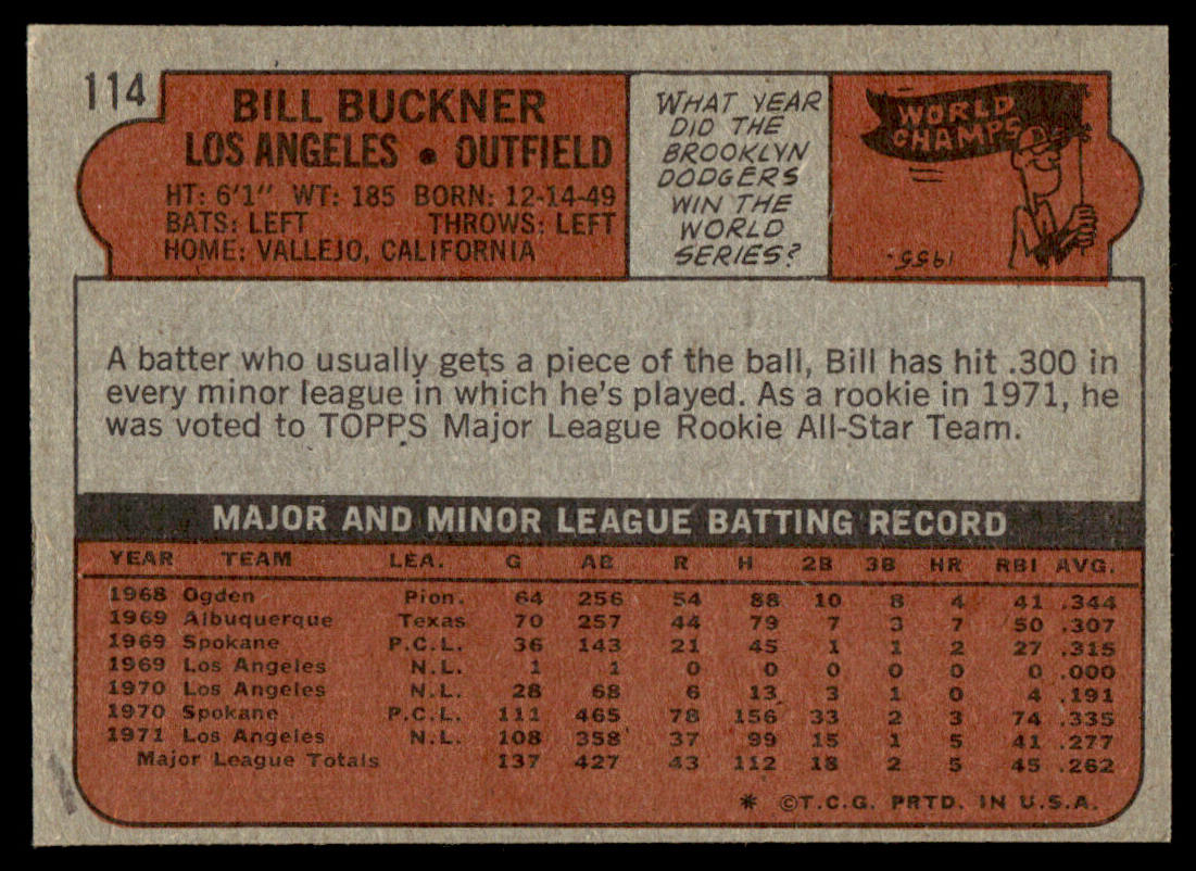 1972 Topps Baseball #114 - Bill Buckner - EX