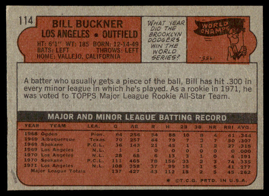 1972 Topps Baseball #114 - Bill Buckner - EX