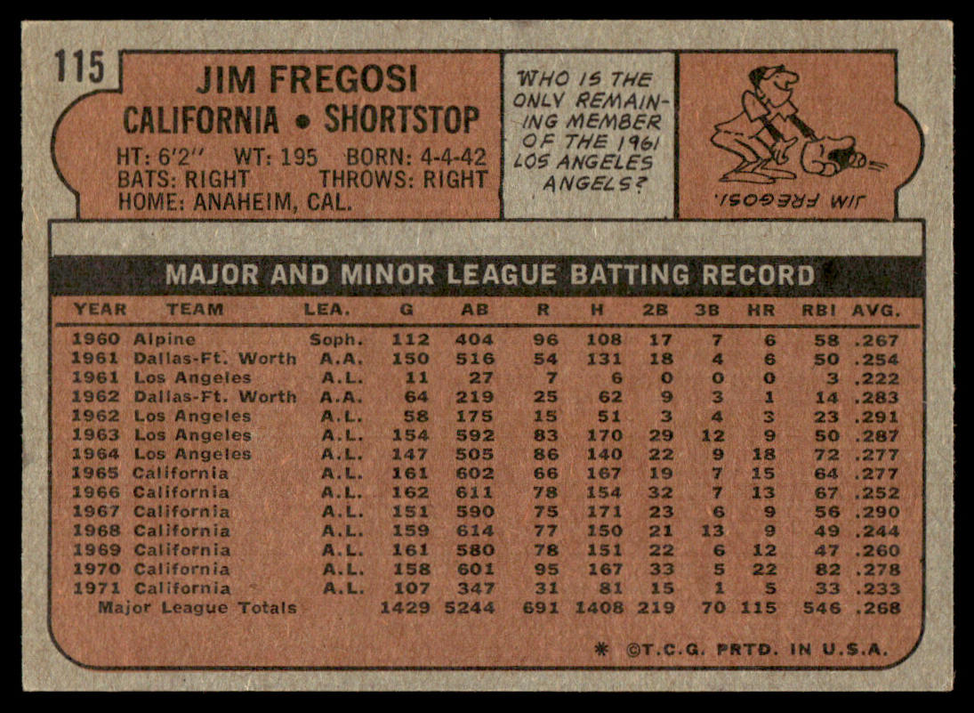 1972 Topps Baseball #115 - Jim Fregosi - EXMT