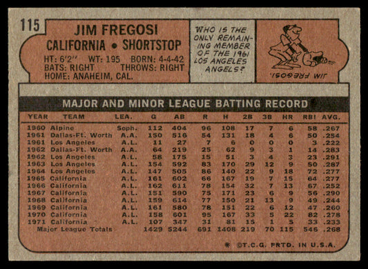 1972 Topps Baseball #115 - Jim Fregosi - EXMT