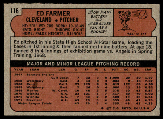 1972 Topps Baseball #116 - Ed Farmer RC - NM