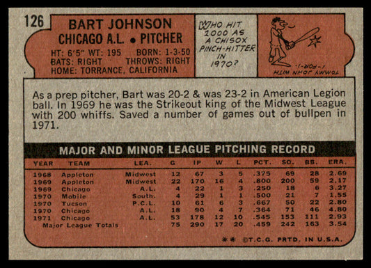 1972 Topps Baseball #126 - Bart Johnson - NM