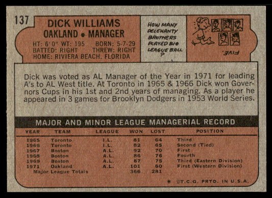 1972 Topps Baseball #137 - Dick Williams - EXMT