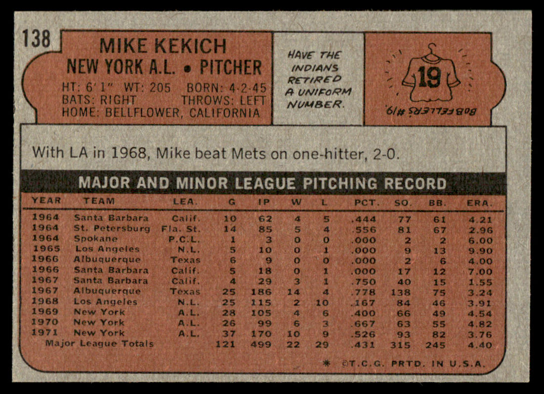 1972 Topps Baseball #138 - Mike Kekich - NM