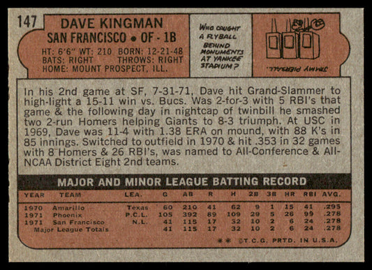 1972 Topps Baseball #147 - Dave Kingman RC - NM