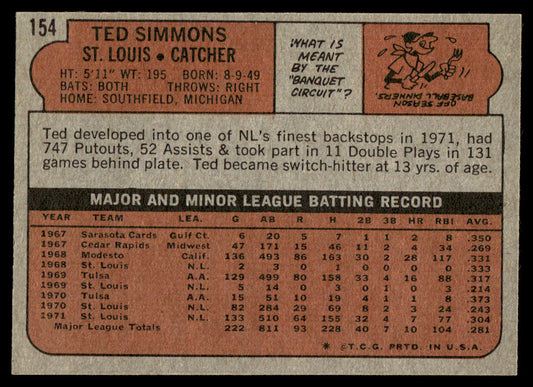 1972 Topps Baseball #154 - Ted Simmons - NM