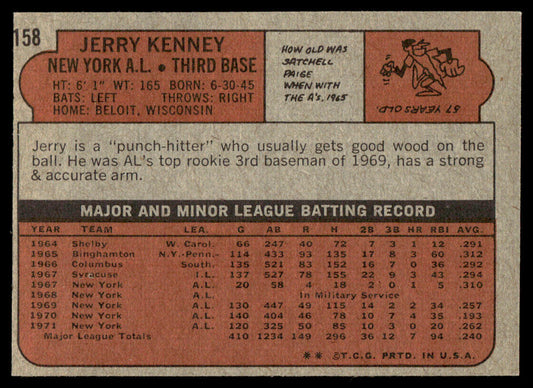 1972 Topps Baseball #158 - Jerry Kenney - EXMT