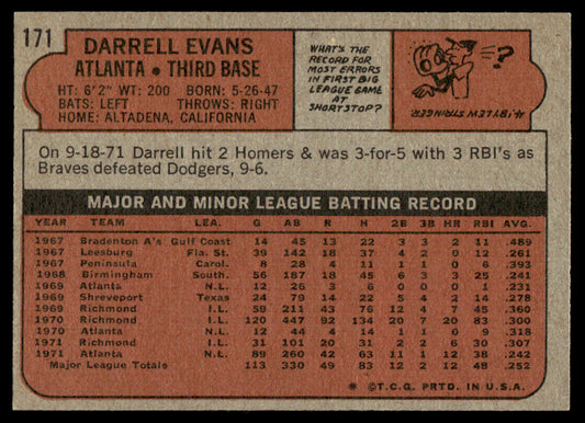 1972 Topps Baseball #171 - Darrell Evans - NMMT