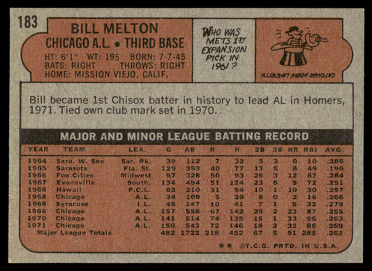 1972 Topps Baseball #183 - Bill Melton - NM