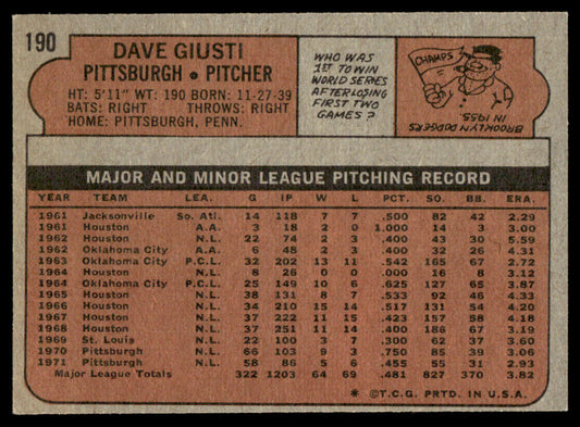 1972 Topps Baseball #190 - Dave Giusti - NM