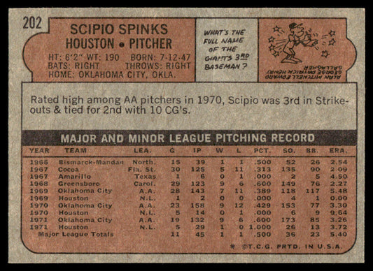 1972 Topps Baseball #202 - Scipio Spinks - NMMT