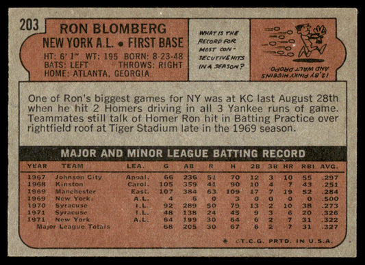 1972 Topps Baseball #203 - Ron Blomberg RC - EXMT
