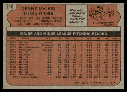 1972 Topps Baseball #210 - Denny McLain - NM
