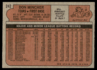 1972 Topps Baseball #242 - Don Mincher - EXMT