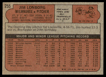 1972 Topps Baseball #255 - Jim Lonborg - NM