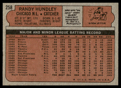 1972 Topps Baseball #258 - Randy Hundley - NM