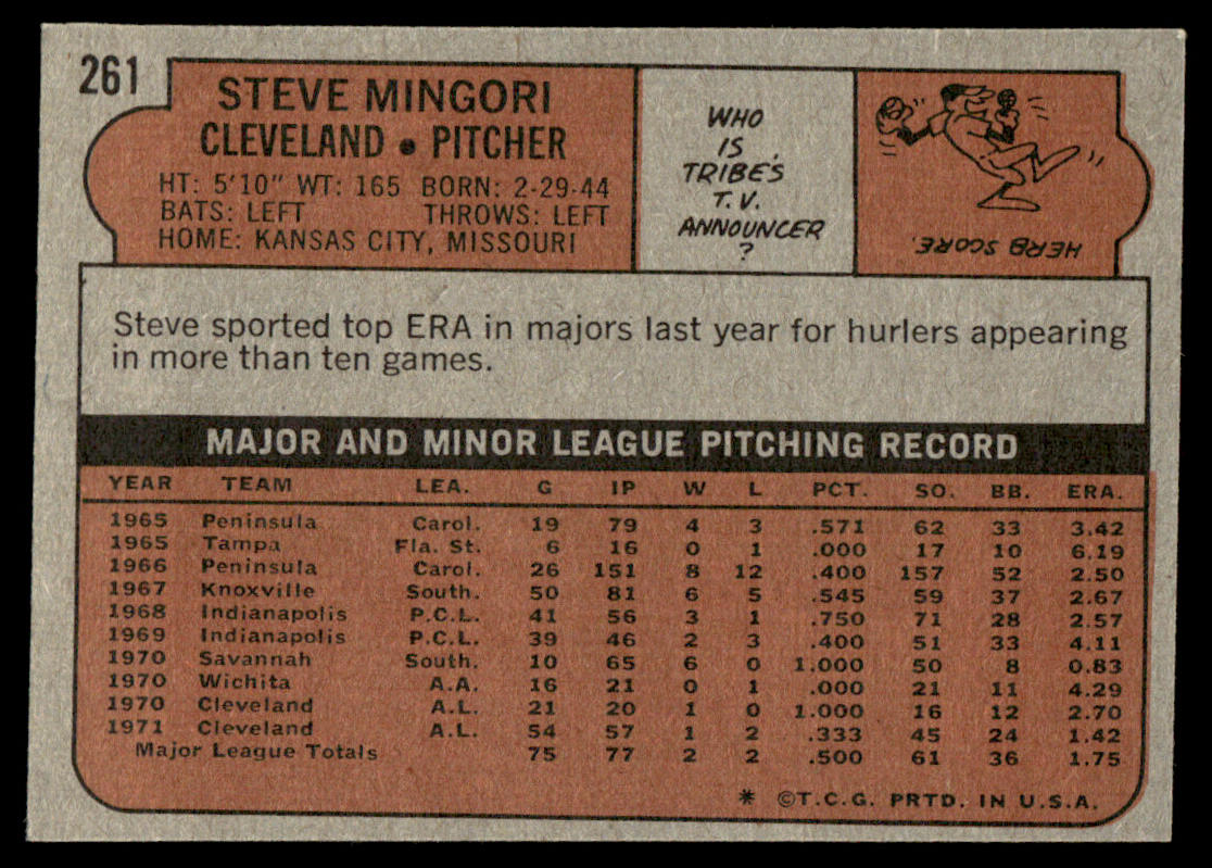 1972 Topps Baseball #261 - Steve Mingori - NM