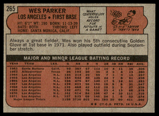 1972 Topps Baseball #265 - Wes Parker - NM