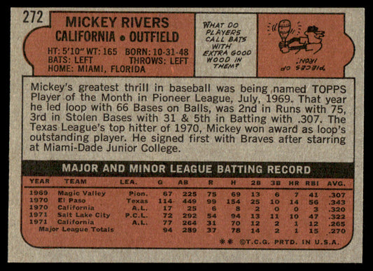 1972 Topps Baseball #272 - Mickey Rivers RC - EXMT