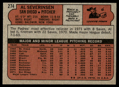1972 Topps Baseball #274 - Al Severinsen - NM