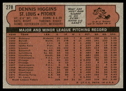 1972 Topps Baseball #278 - Dennis Higgins - NM