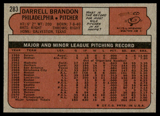 1972 Topps Baseball #283 - Darrell Brandon - NM