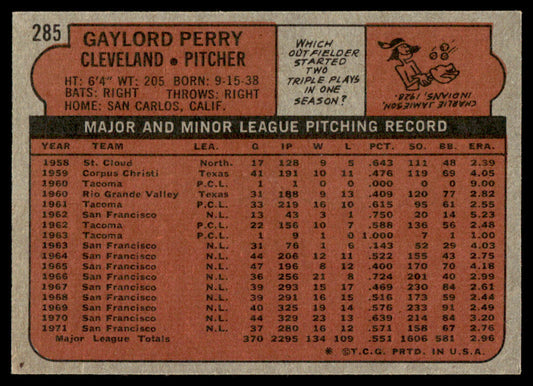 1972 Topps Baseball #285 - Gaylord Perry - NM