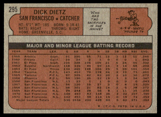 1972 Topps Baseball #295 - Dick Dietz - NMMT