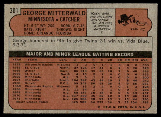 1972 Topps Baseball #301 - George Mitterwald - NM