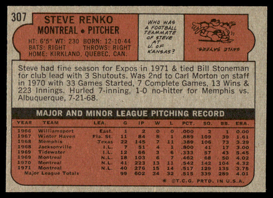 1972 Topps Baseball #307 - Steve Renko - NM
