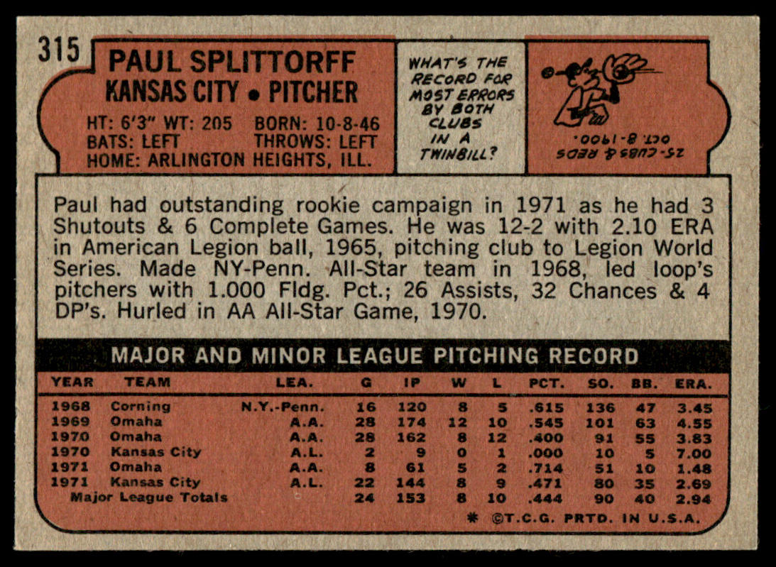 1972 Topps Baseball #315 - Paul Splittorff - NM