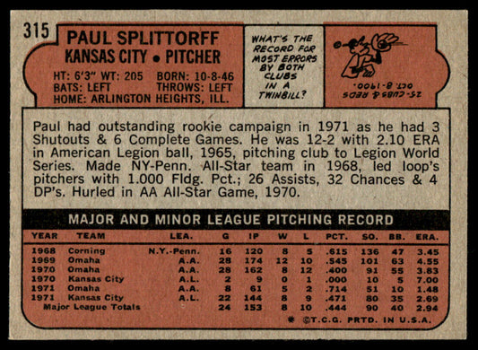 1972 Topps Baseball #315 - Paul Splittorff - NM