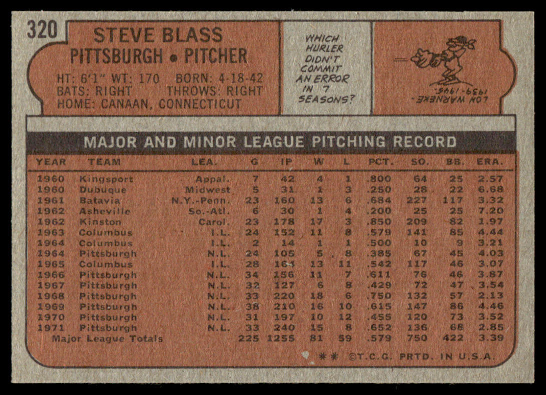 1972 Topps Baseball #320 - Steve Blass - NM