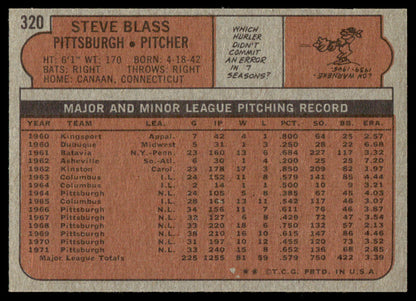 1972 Topps Baseball #320 - Steve Blass - NM