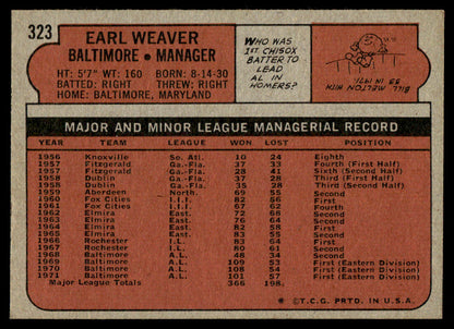 1972 Topps Baseball #323 - Earl Weaver - EXMT
