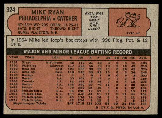 1972 Topps Baseball #324 - Mike Ryan - NM