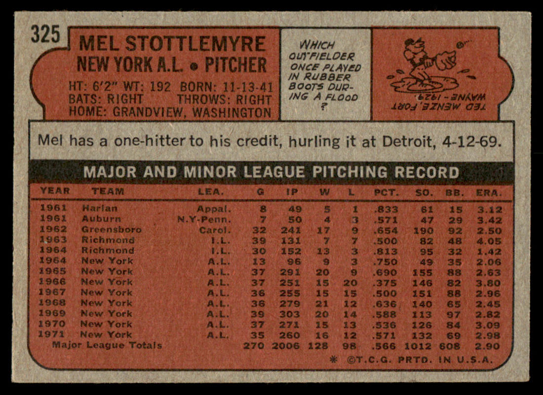 1972 Topps Baseball #325 - Mel Stottlemyre - EXMT