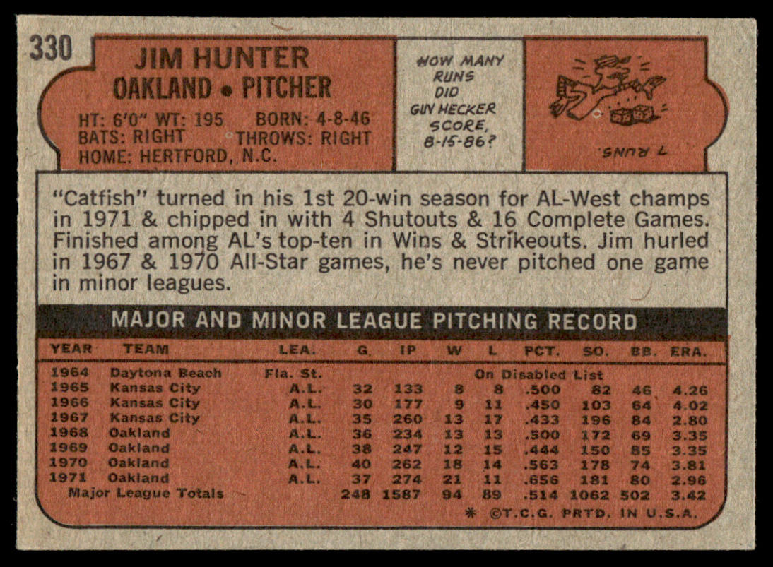 1972 Topps Baseball #330 - Jim Hunter - EXMT