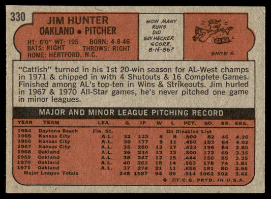 1972 Topps Baseball #330 - Jim Hunter - EXMT