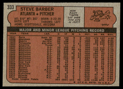 1972 Topps Baseball #333 - Steve Barber - NM