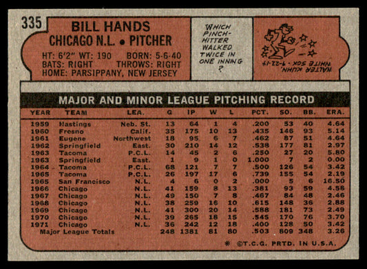 1972 Topps Baseball #335 - Bill Hands - NM