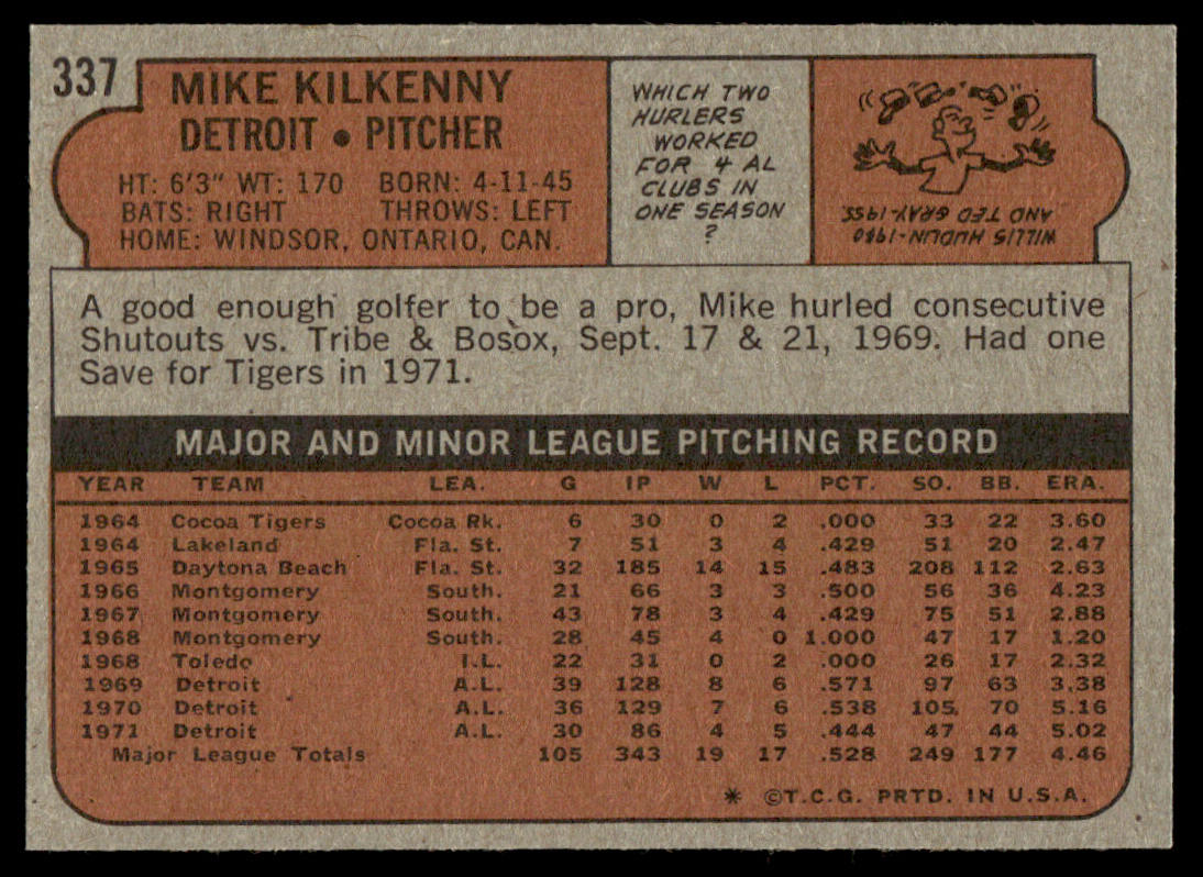 1972 Topps Baseball #337 - Mike Kilkenny - NM