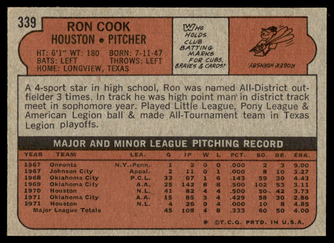 1972 Topps Baseball #339 - Ron Cook - NM