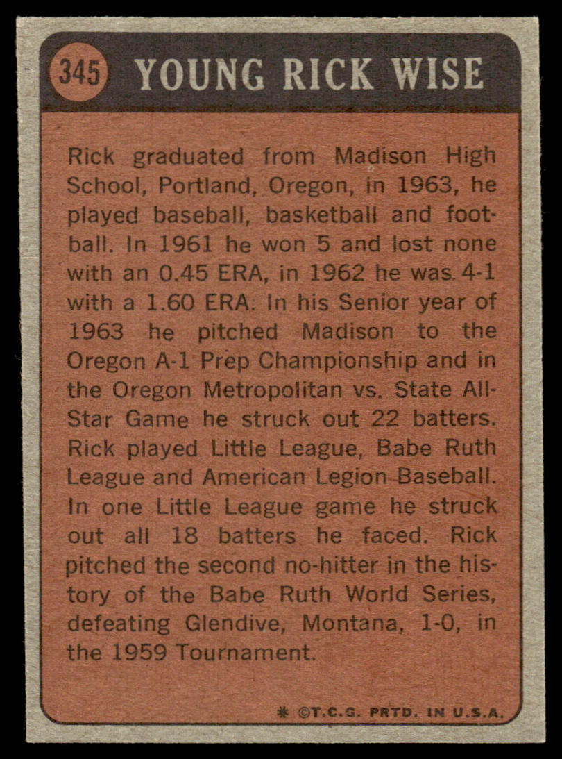 1972 Topps Baseball #345 - Rick Wise KP - NM