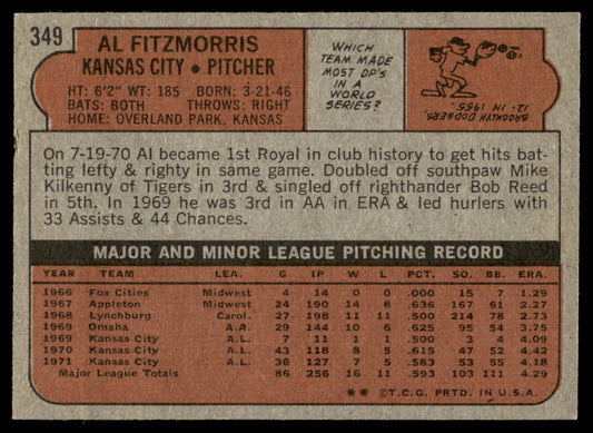 1972 Topps Baseball #349 - Al Fitzmorris - NMMT