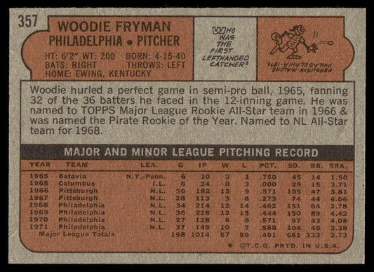 1972 Topps Baseball #357 - Woodie Fryman - NM