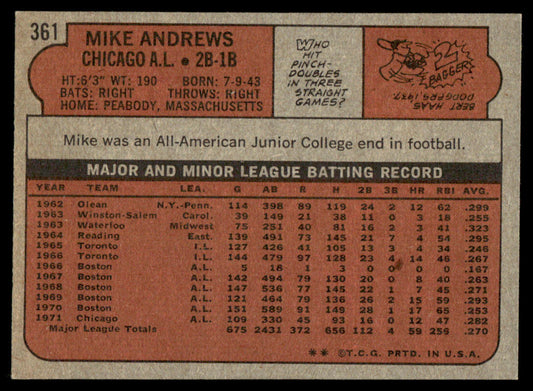 1972 Topps Baseball #361 - Mike Andrews - NM