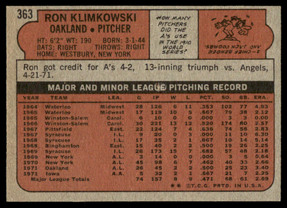 1972 Topps Baseball #363 - Ron Klimkowski - NM