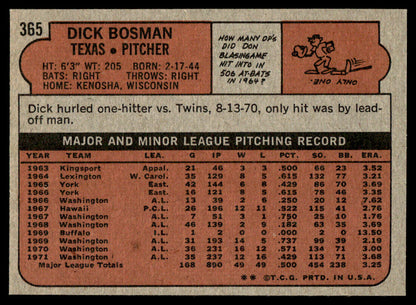1972 Topps Baseball #365 - Dick Bosman - NMMT